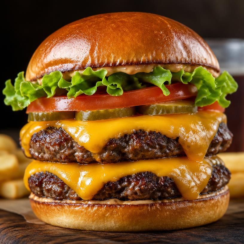 Massive double cheese burger with melting cheddar