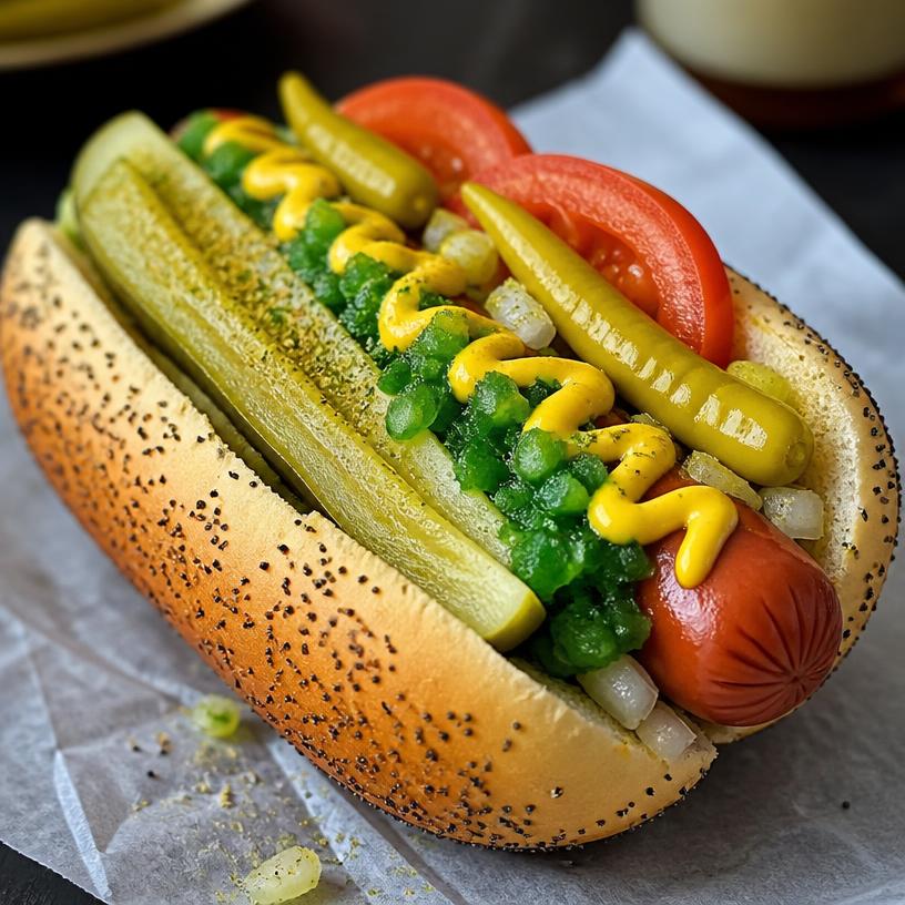 Chicago style hot dog with neon green relish
