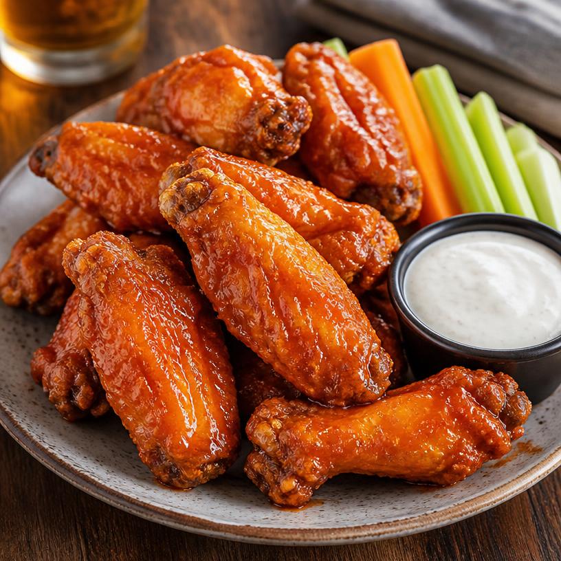 Crispy buffalo chicken wings with celery and carrots
